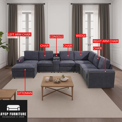 Flannel Modular Sectional Sofa With USB Ports Grey ShipItFurniture