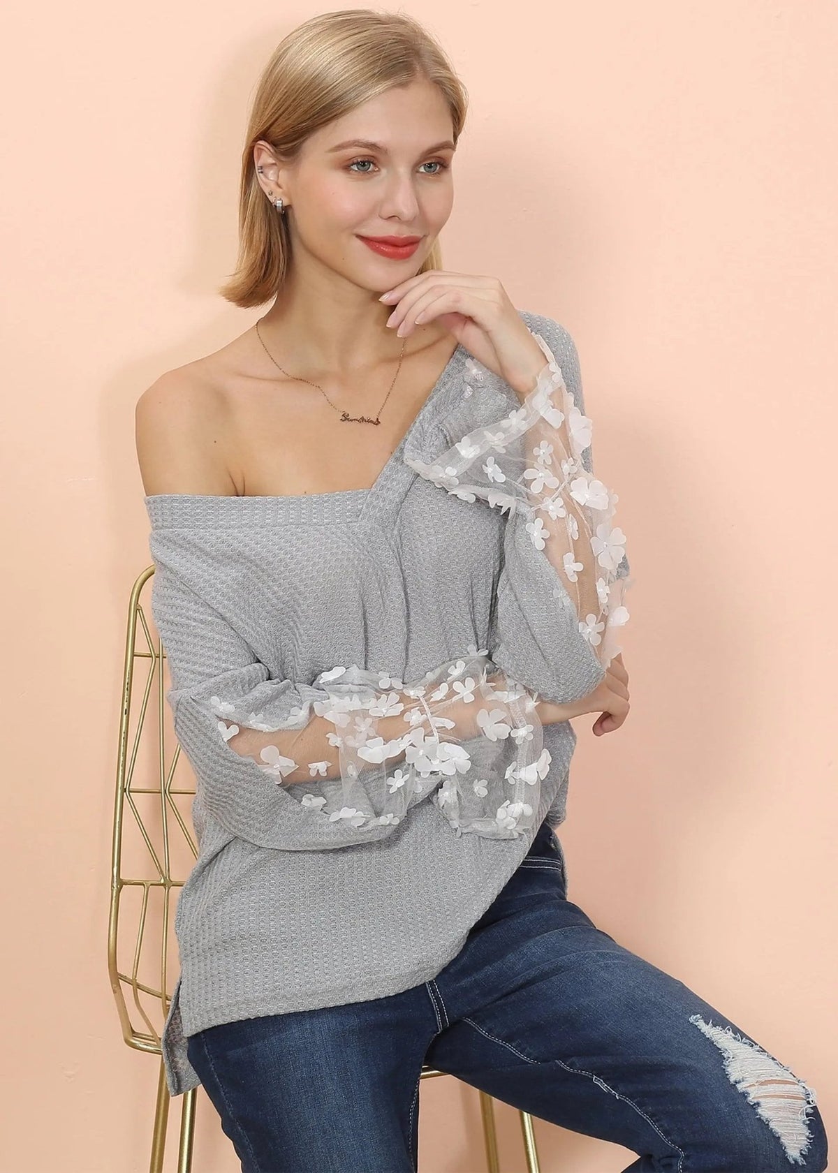 Flower Applique Bishop Sleeve Sweater - Get it from Bo