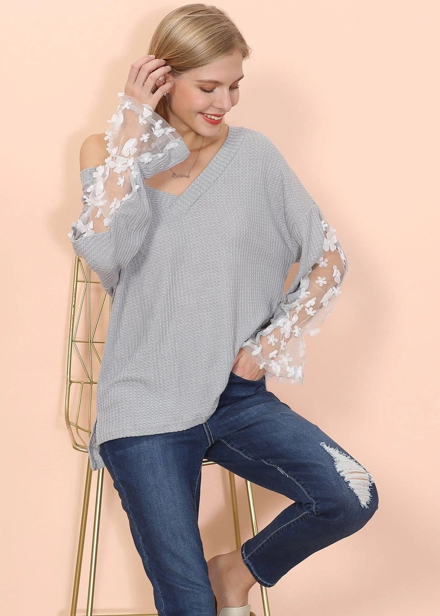 Flower Applique Bishop Sleeve Sweater - Get it from Bo