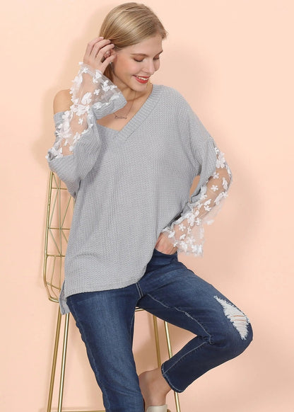 Flower Applique Bishop Sleeve Sweater - Get it from Bo