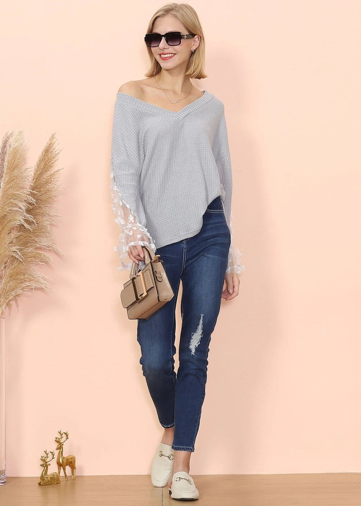 Flower Applique Bishop Sleeve Sweater - Get it from Bo