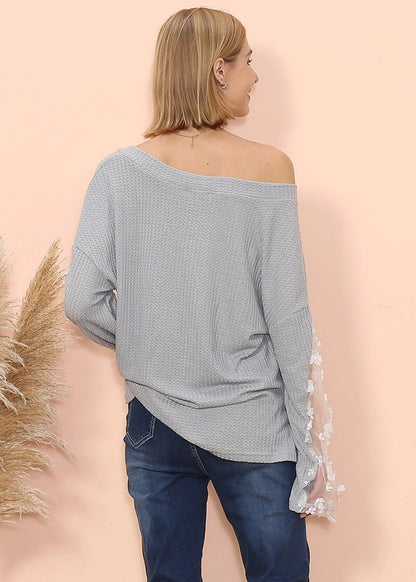 Flower Applique Bishop Sleeve Sweater - Get it from Bo