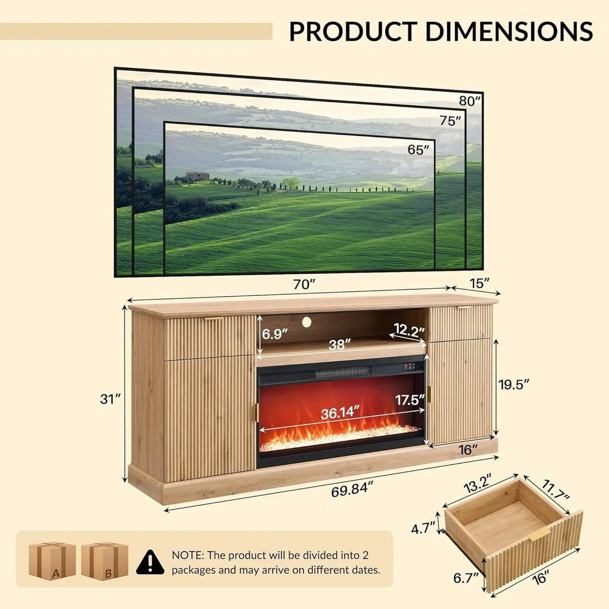 Fluted Walnut Fireplace TV Entertainment Console Drawers - Get it from Bo