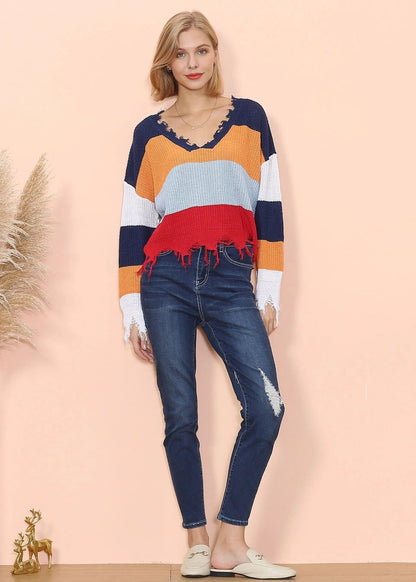 Frayed Hem Color Block Sweater - Get it from Bo