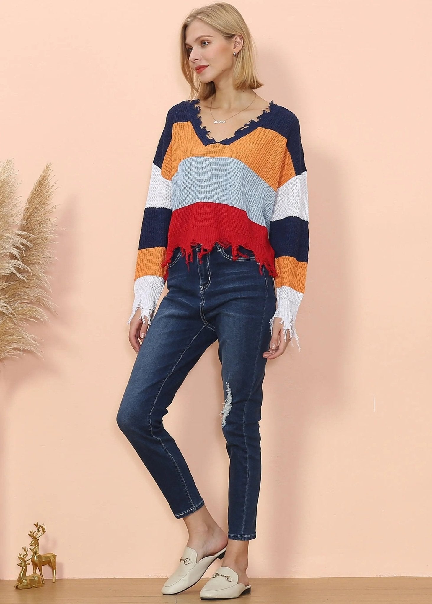 Frayed Hem Color Block Sweater - Get it from Bo