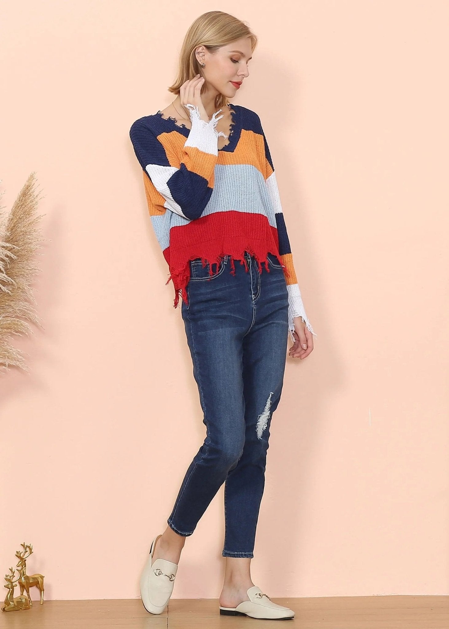 Frayed Hem Color Block Sweater - Get it from Bo