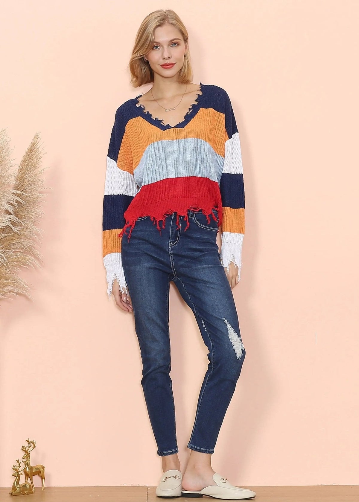 Frayed Hem Color Block Sweater - Get it from Bo