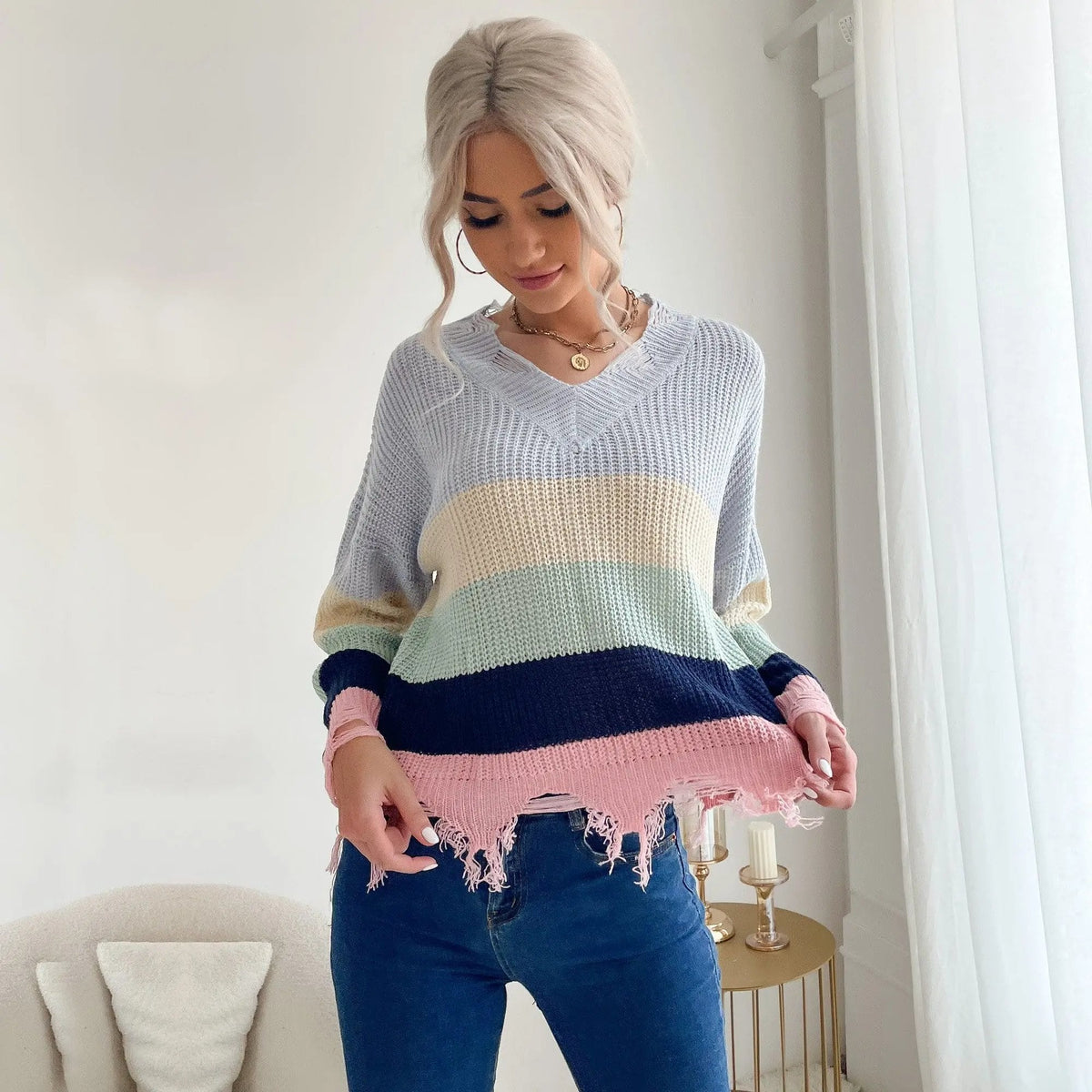 Frayed Hem Rainbow Knit Sweater - Get it from Bo