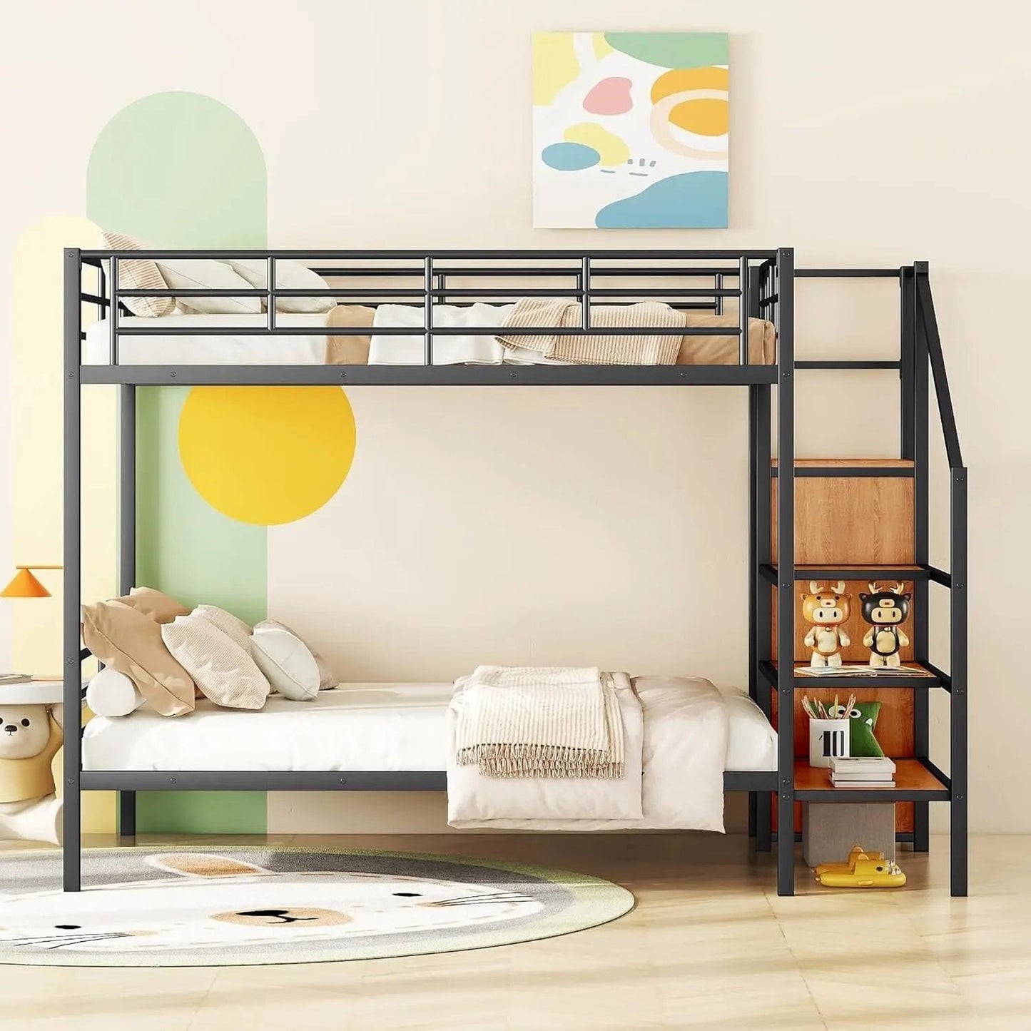 Full over Full Metal Bunk Bed，Bunk Bed with Storage Stairs and Wardrobe, Bunk Bed for Adults/Kids/Teens, Bunk Bed for School, Bedroom, Black - Get it from Bo