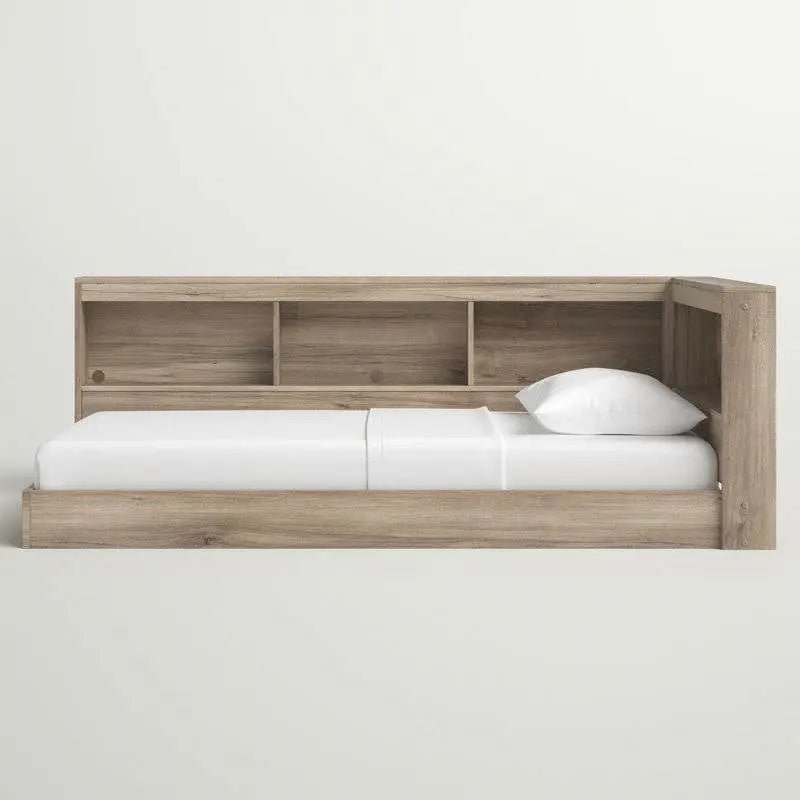 Full size Natural Wood Corner Storage Bed with Bookcase Headboard and USB Ports - Get it from Bo
