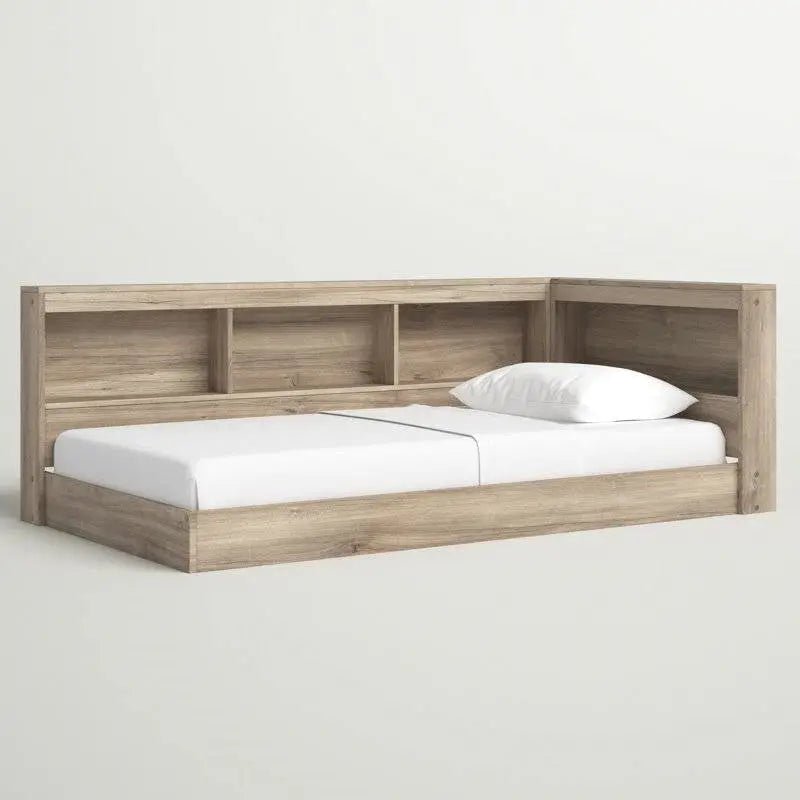 Full size Natural Wood Corner Storage Bed with Bookcase Headboard and USB Ports - Get it from Bo