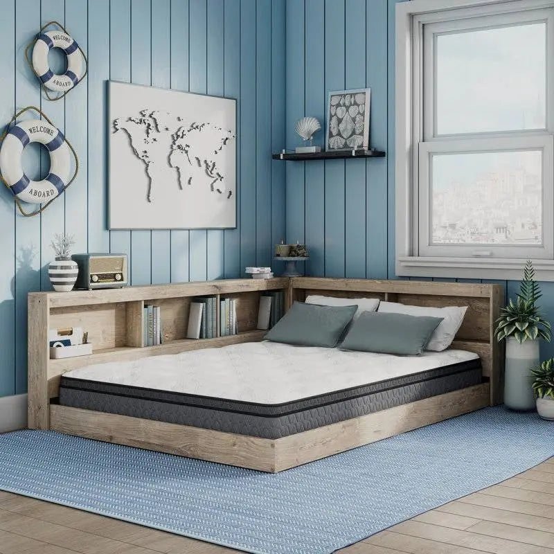 Full size Natural Wood Corner Storage Bed with Bookcase Headboard and USB Ports - Get it from Bo