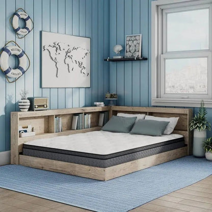 Full size Natural Wood Corner Storage Bed with Bookcase Headboard and USB Ports - Get it from Bo