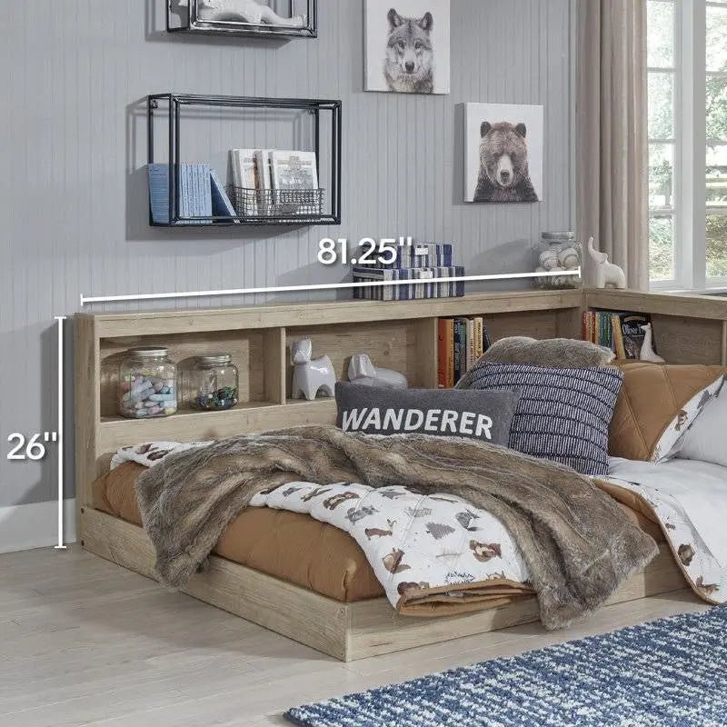 Full size Natural Wood Corner Storage Bed with Bookcase Headboard and USB Ports - Get it from Bo