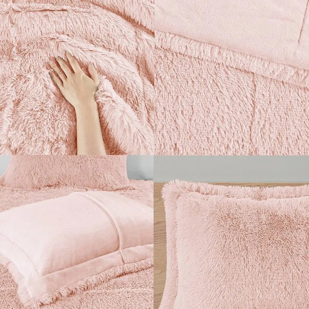 Full/Queen Pink Blush Soft Sherpa Faux Fur 3-Piece Comforter Set - Get it from Bo
