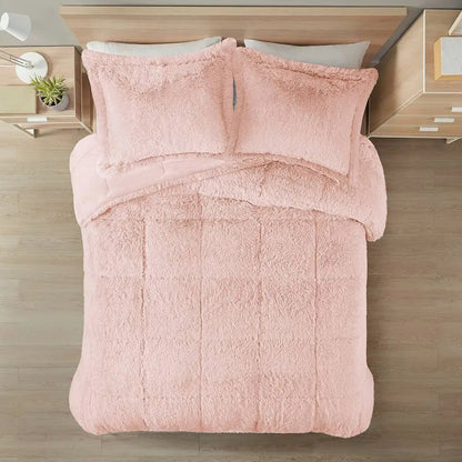 Full/Queen Pink Blush Soft Sherpa Faux Fur 3-Piece Comforter Set - Get it from Bo