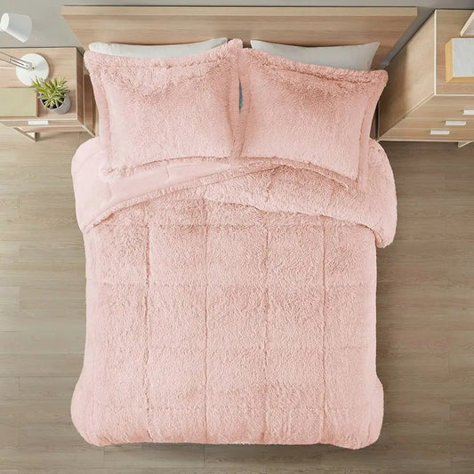Full/Queen Pink Blush Soft Sherpa Faux Fur 3-Piece Comforter Set - Get it from Bo