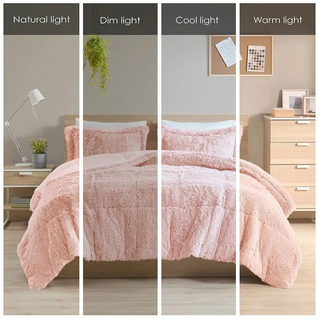 Full/Queen Pink Blush Soft Sherpa Faux Fur 3-Piece Comforter Set - Get it from Bo