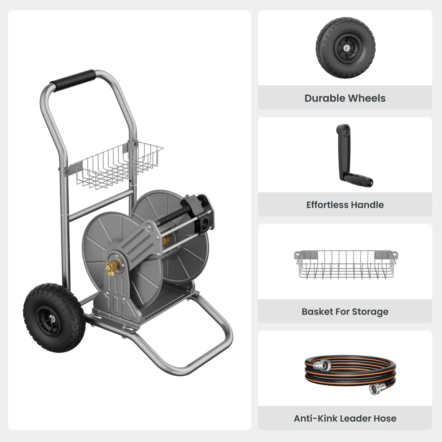 Garden Hose Reel Cart-2 Wheels-Stainless Steel-Heavy Duty - Get it from Bo
