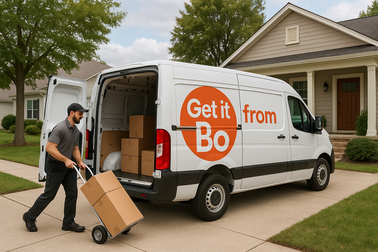 get it from bo shipping van, with box and hand truck outside of house with van door open