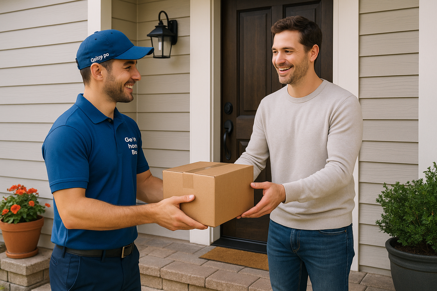 Get it from bop delivery guy handing package over to homeowner at front door