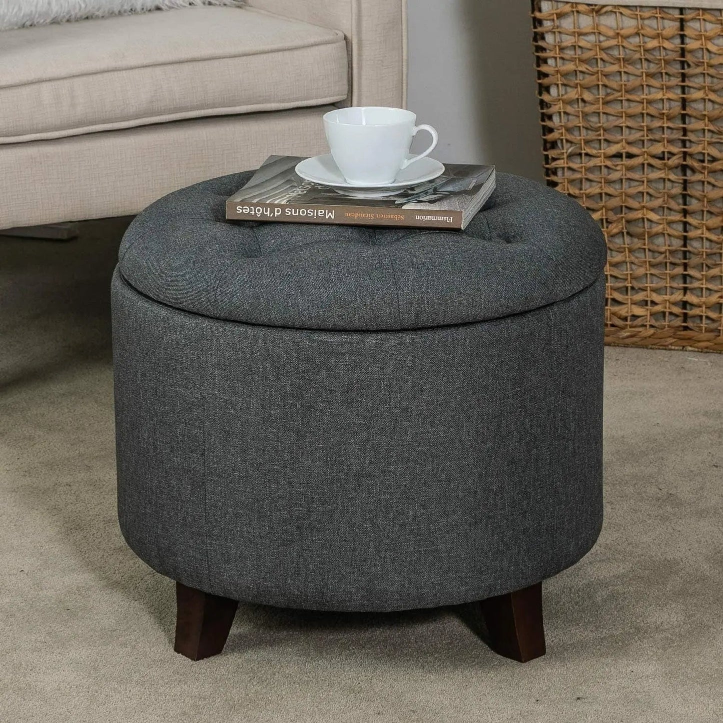Gray Fabric Round Storage Ottoman With Button Tufting - Get it from Bo