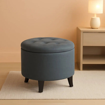 Gray Fabric Round Storage Ottoman With Button Tufting - Get it from Bo