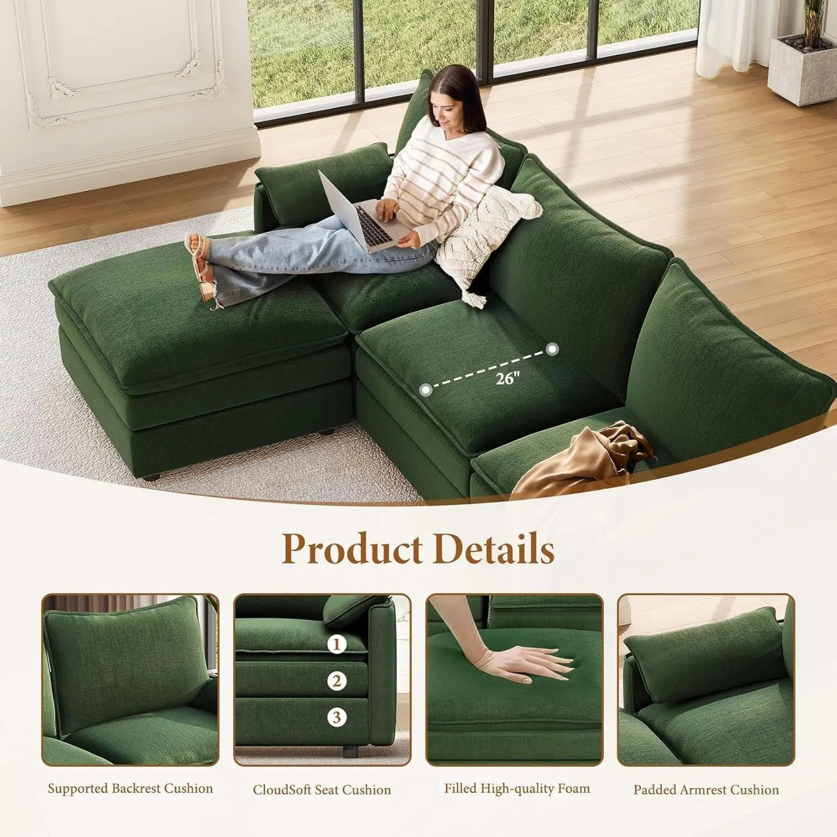 Green 108 Inch DeluxePlus Cloud Sleeper Sectional Sofa - Get it from Bo