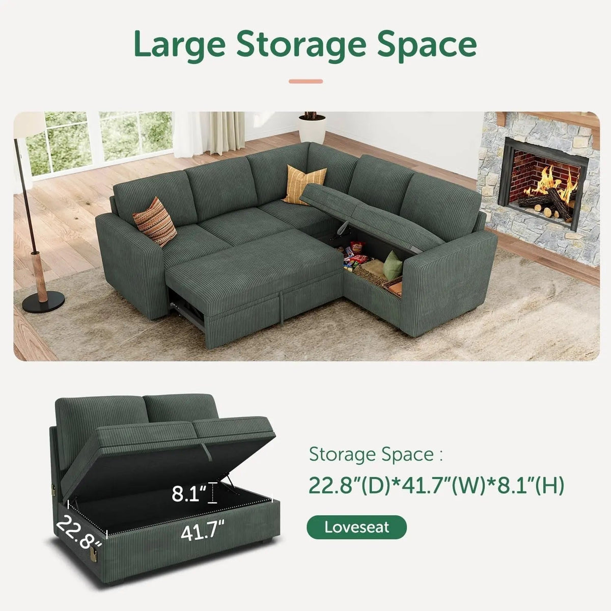 Green Corduroy Sectional Sleeper Sofa With Storage - Get it from Bo
