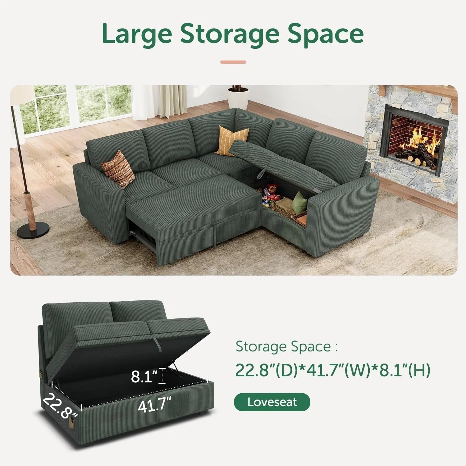 Green Corduroy Sectional Sleeper Sofa With Storage - Get it from Bo
