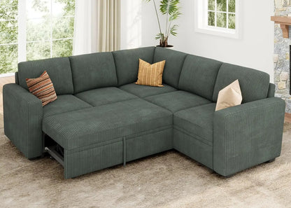 Green Corduroy Sectional Sleeper Sofa With Storage ShipItFurniture