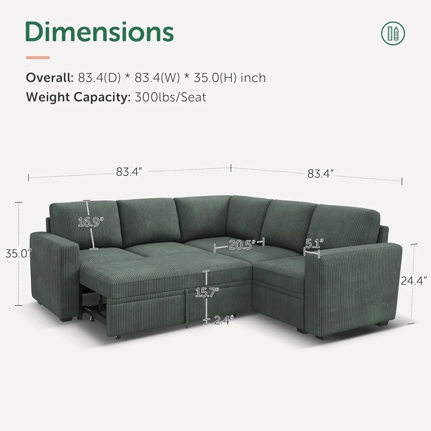Green Corduroy Sectional Sleeper Sofa With Storage - Get it from Bo
