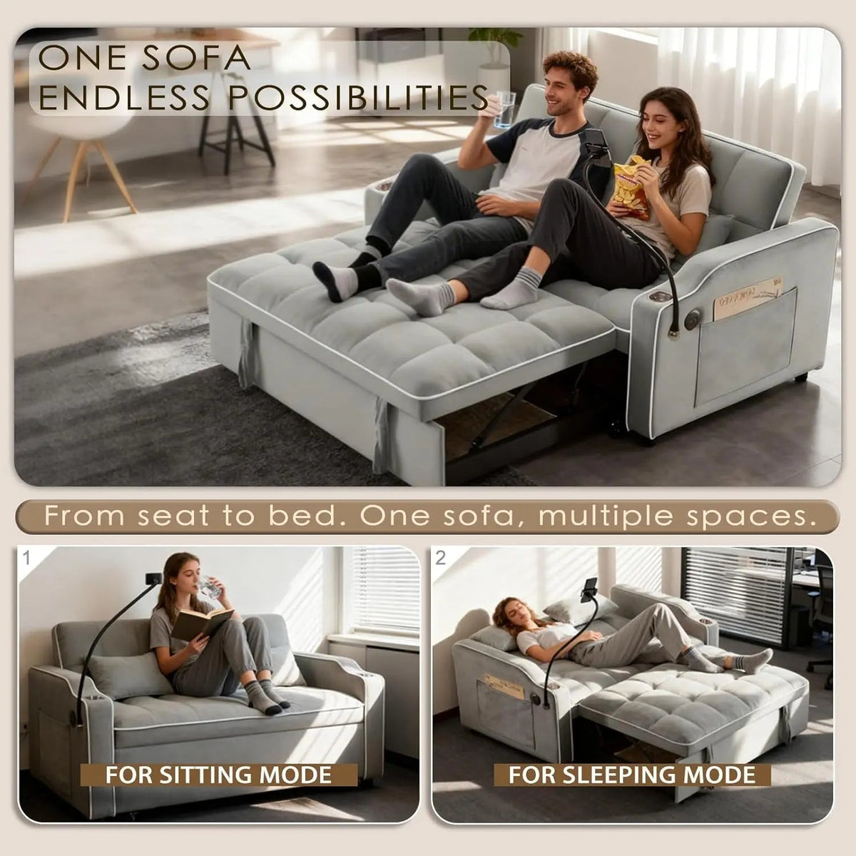 Grey Convertible Sleeper Loveseat Bed With ThreeInOne - Get it from Bo