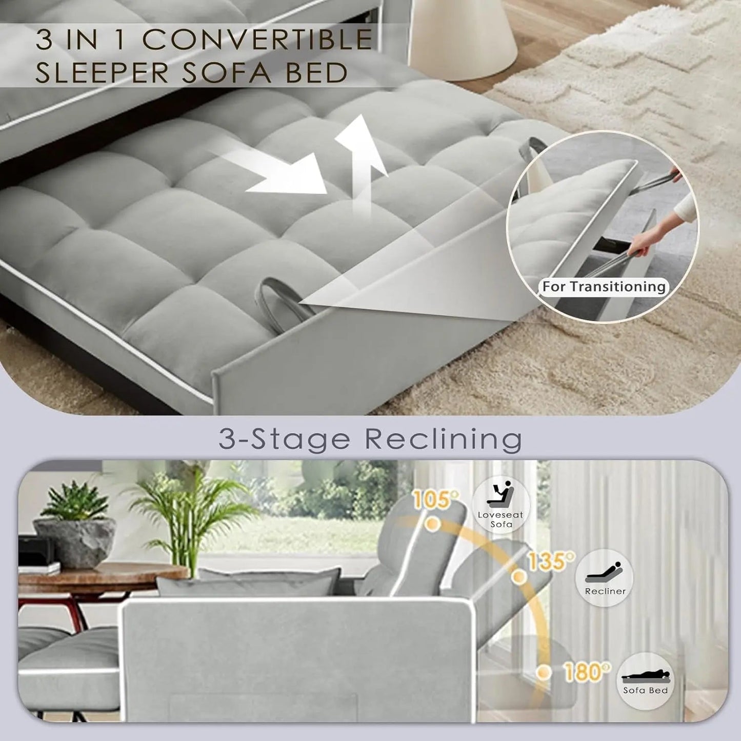 Grey Convertible Sleeper Loveseat Bed With ThreeInOne - Get it from Bo