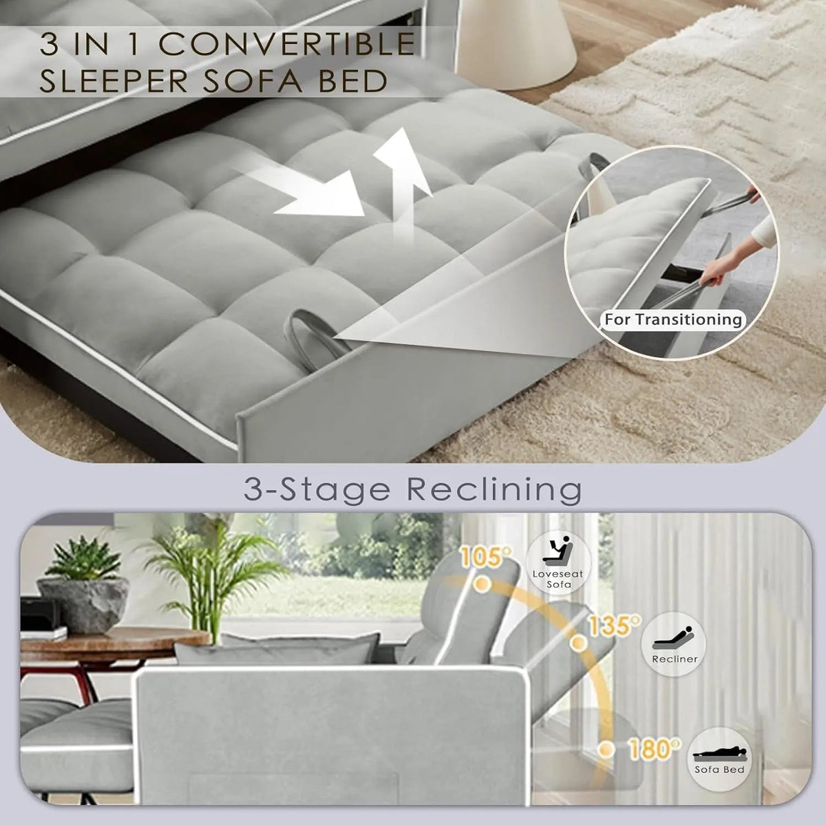 Grey Convertible Sleeper Loveseat Bed With ThreeInOne - Get it from Bo