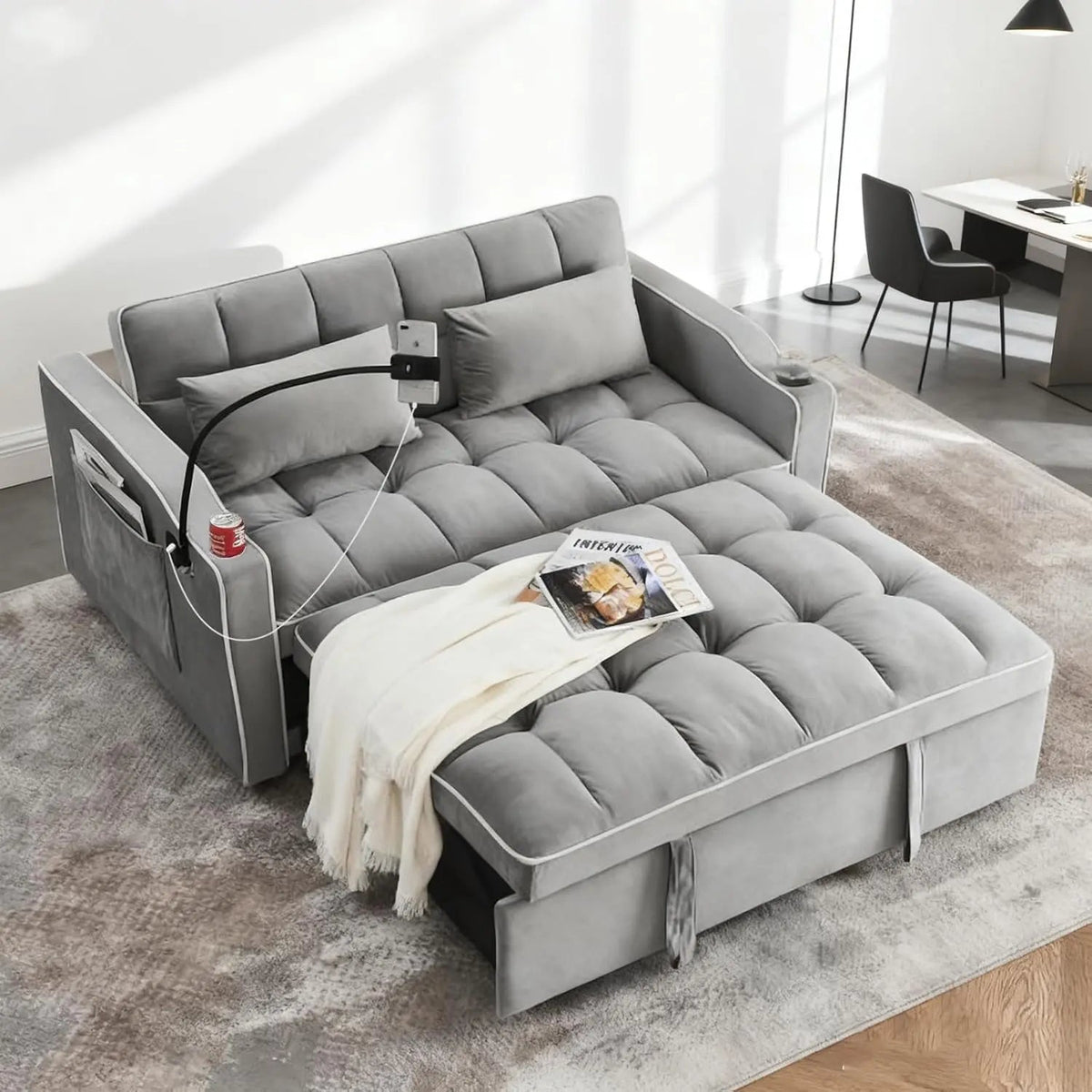 Grey Convertible Sleeper Loveseat Bed With ThreeInOne - Get it from Bo