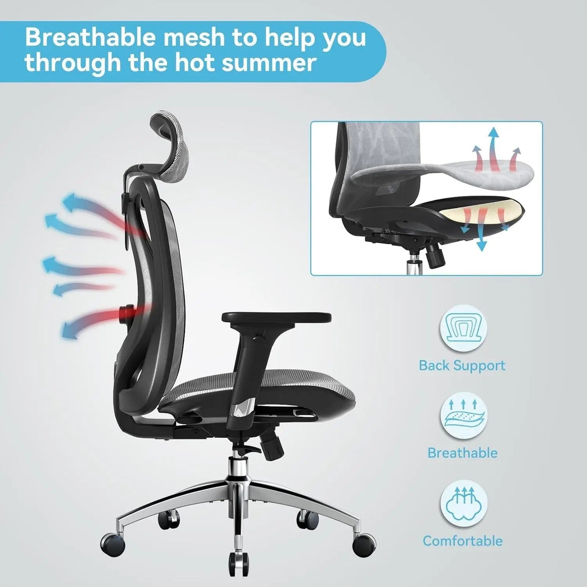 Grey Ergonomic Office Chair With Adjustable Headrest - Get it from Bo