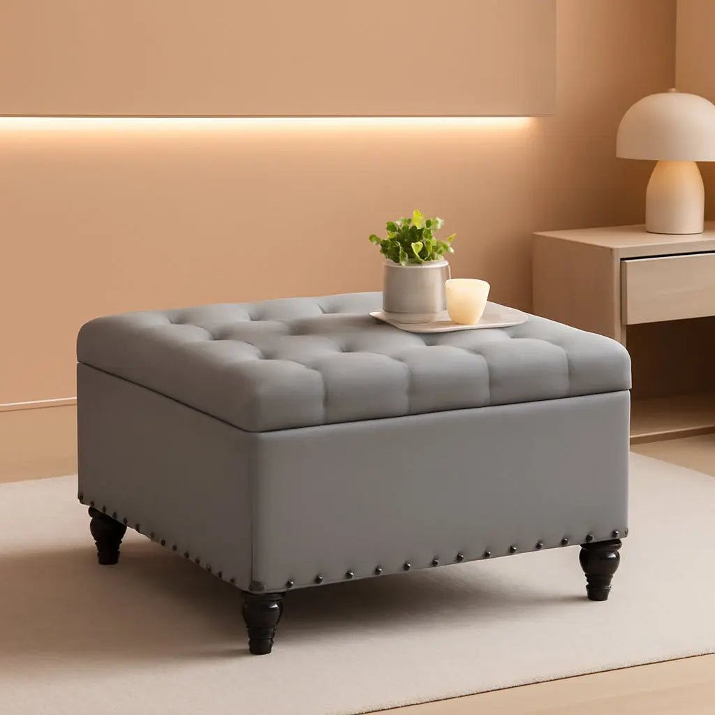 Grey Tufted Storage Ottoman Square For Living Room - Get it from Bo