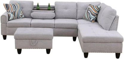 Grey White Flannel L Shaped Sectional Sofa With Ottoman - Get it from Bo