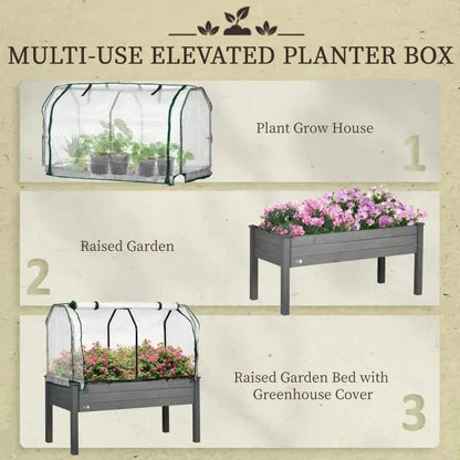 Grey Wood Elevated Raised Garden Bed Planter with Greenhouse Cover - Get it from Bo