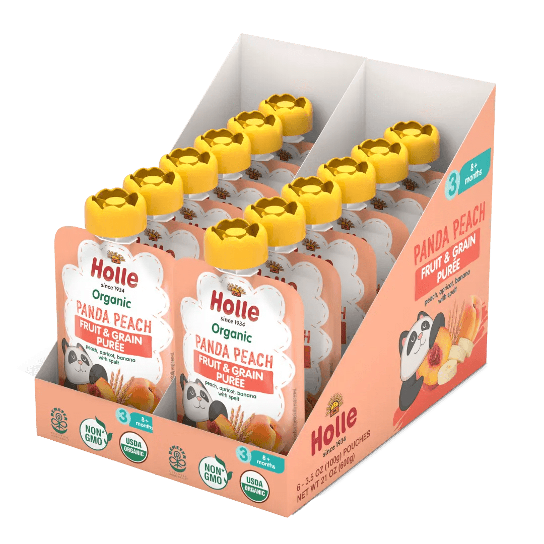 Holle Baby Food Pouches - Organic Fruit & Grain Puree - Panda Peach - Get it from Bo