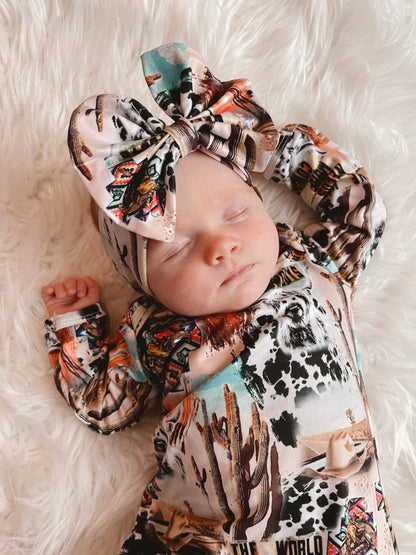 Western collage gown and headband set Leopardbaby Boutique