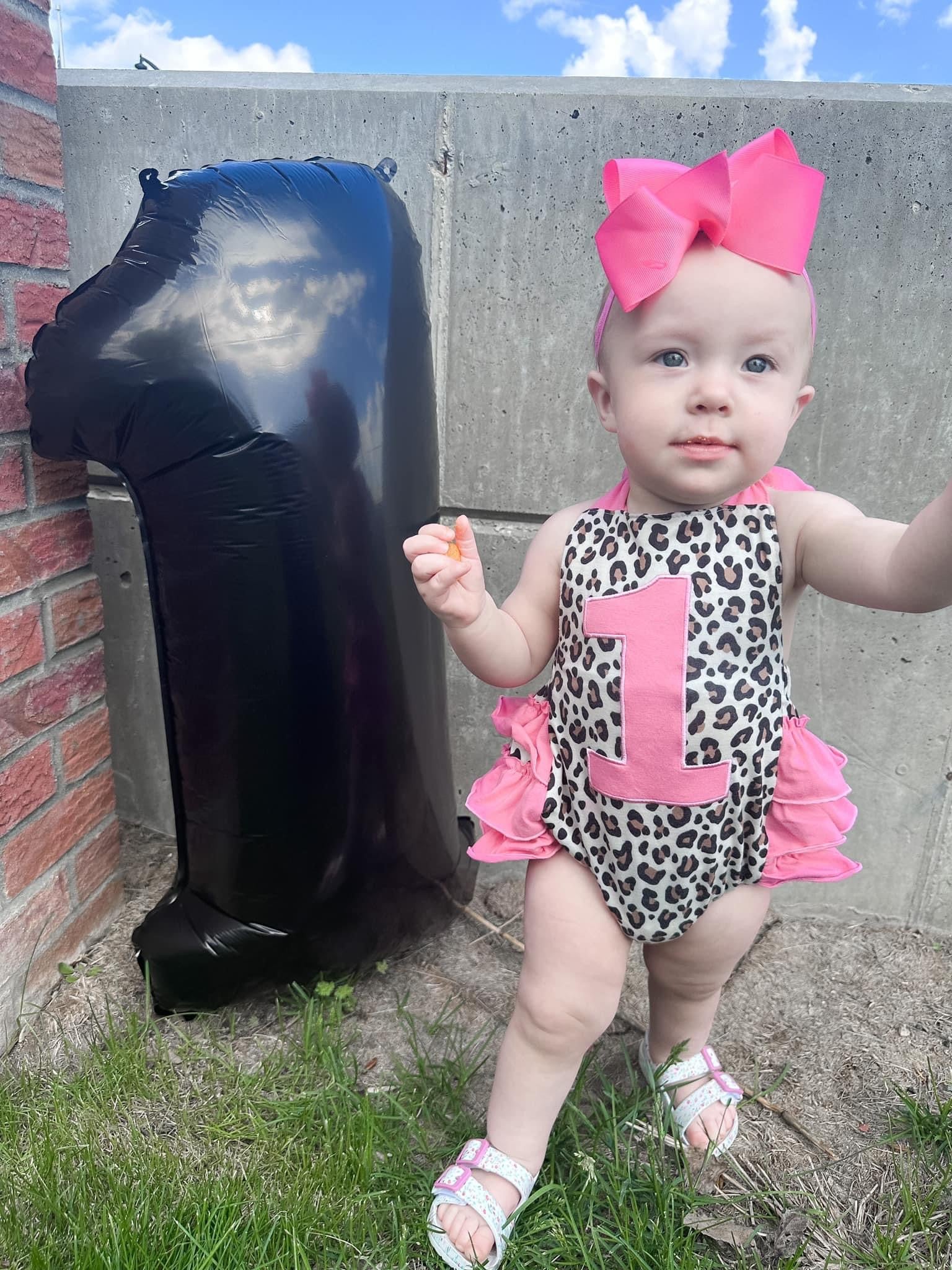 Pink leopard first birthday romper - Get it from Bo