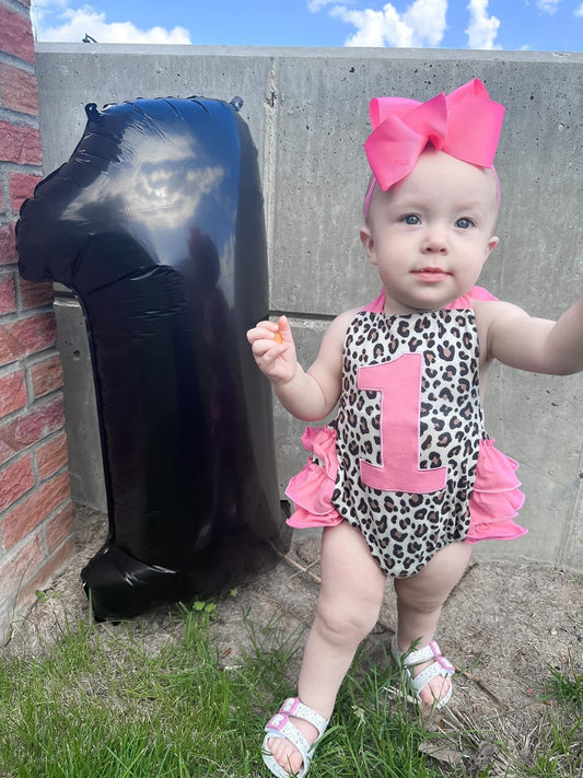 Pink leopard first birthday romper - Get it from Bo