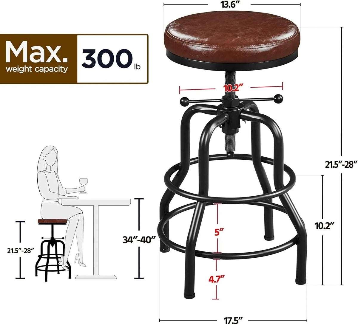 Industrial Bar Stool Adjustable Brown Counter Height - Get it from Bo
