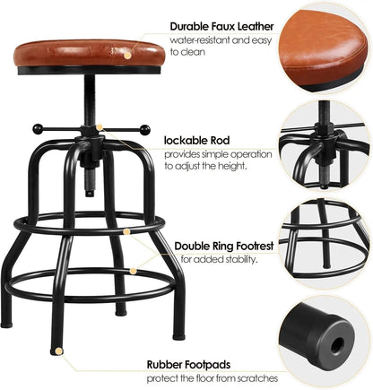 Industrial Bar Stools Vintage Counter Height Bar Stool with round Faux Leather Seat Metal Stool Adjustable Kitchen Stool 21.5-28 Inch Tall Light Brown, 1PCS - Get it from Bo