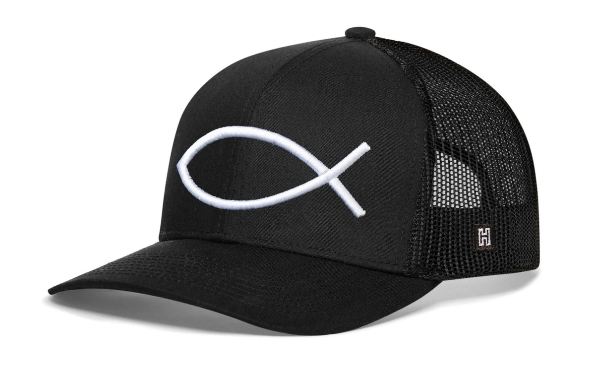 Jesus Fish Trucker Hat | Black Ichthys 3D Puff Snapback - Get it from Bo