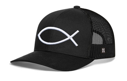 Jesus Fish Trucker Hat | Black Ichthys 3D Puff Snapback - Get it from Bo