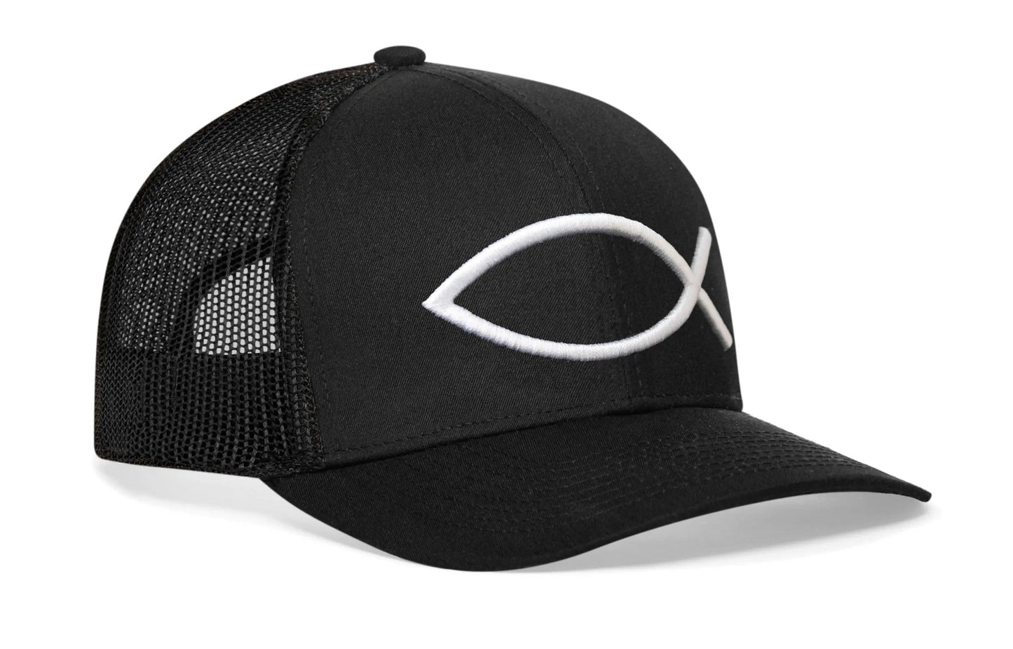 Jesus Fish Trucker Hat | Black Ichthys 3D Puff Snapback - Get it from Bo