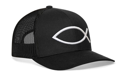 Jesus Fish Trucker Hat | Black Ichthys 3D Puff Snapback - Get it from Bo